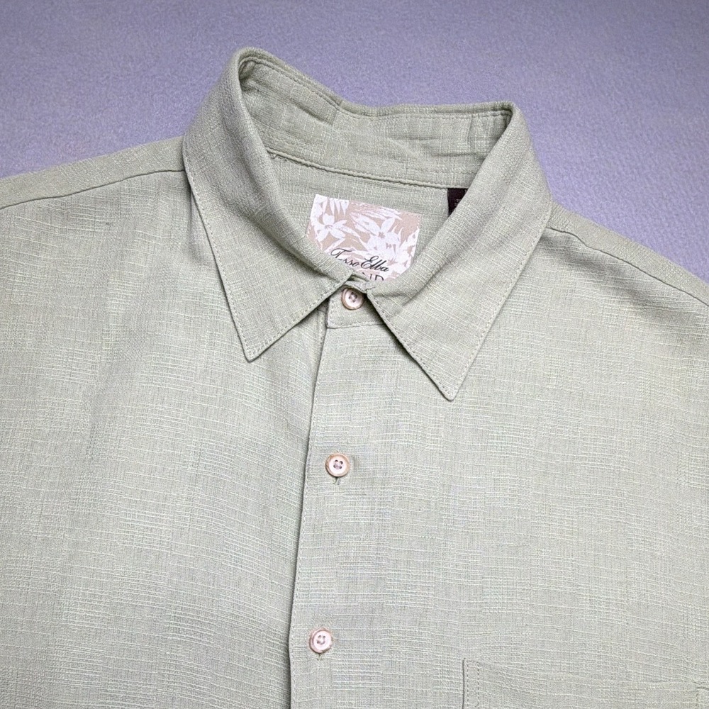 Tasso Elba Island Button Up Shirt Men L Green Silk/Linen Long Sleeve Solid